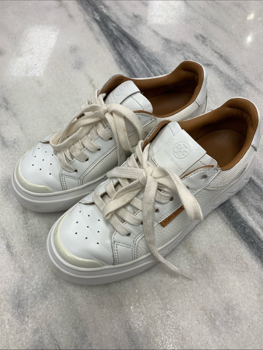 Tory Burch White Leather Low-Top Platform Sneakers with Tan Lining